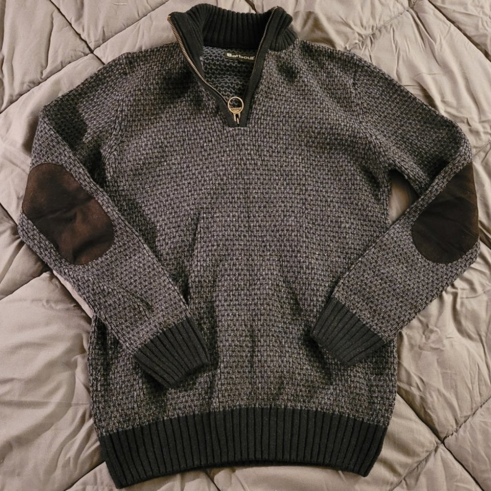 Barbour Elbow Patch Wool Quarter Zip Pullover - Men's Small